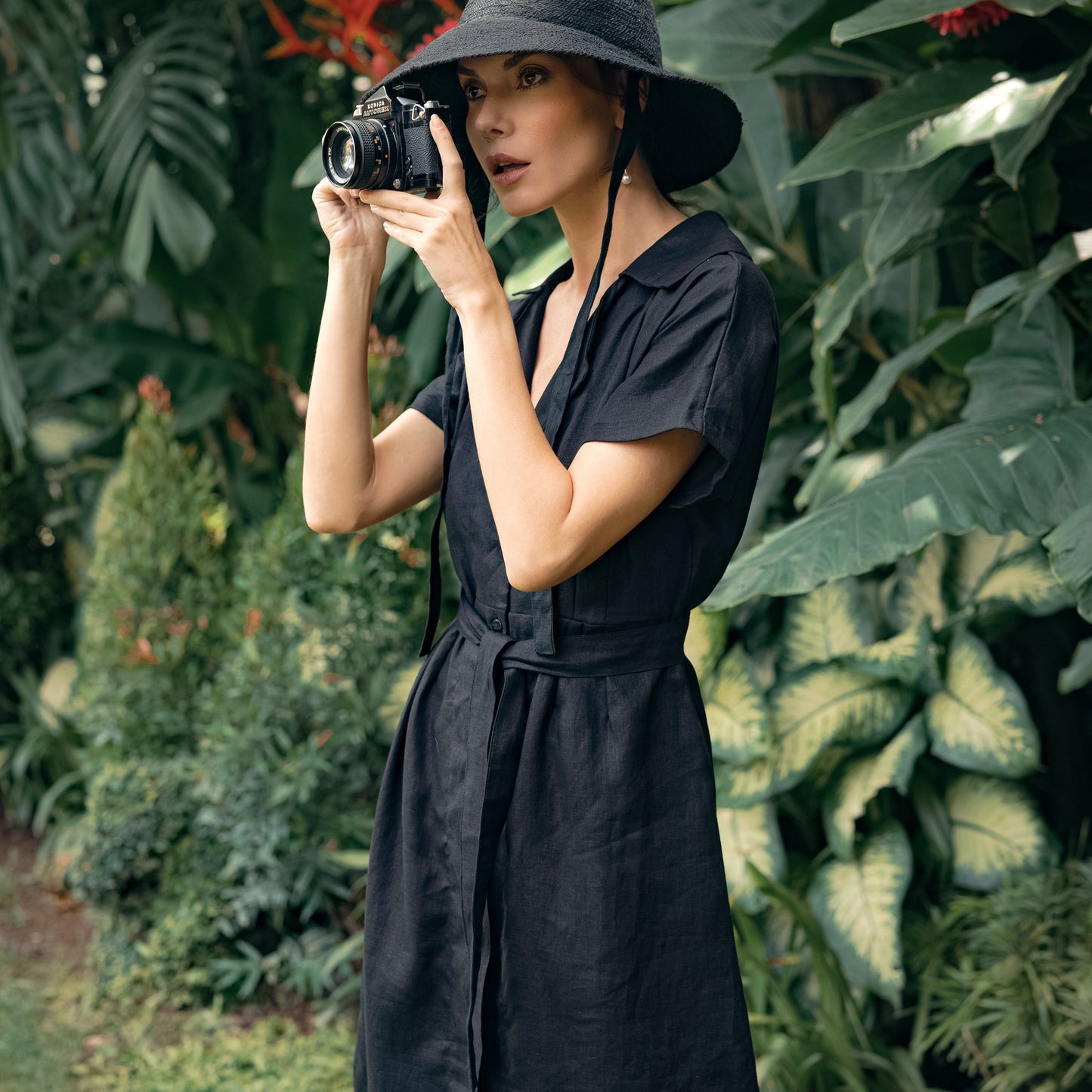 ARYA Black Safari Linen Midi Dress