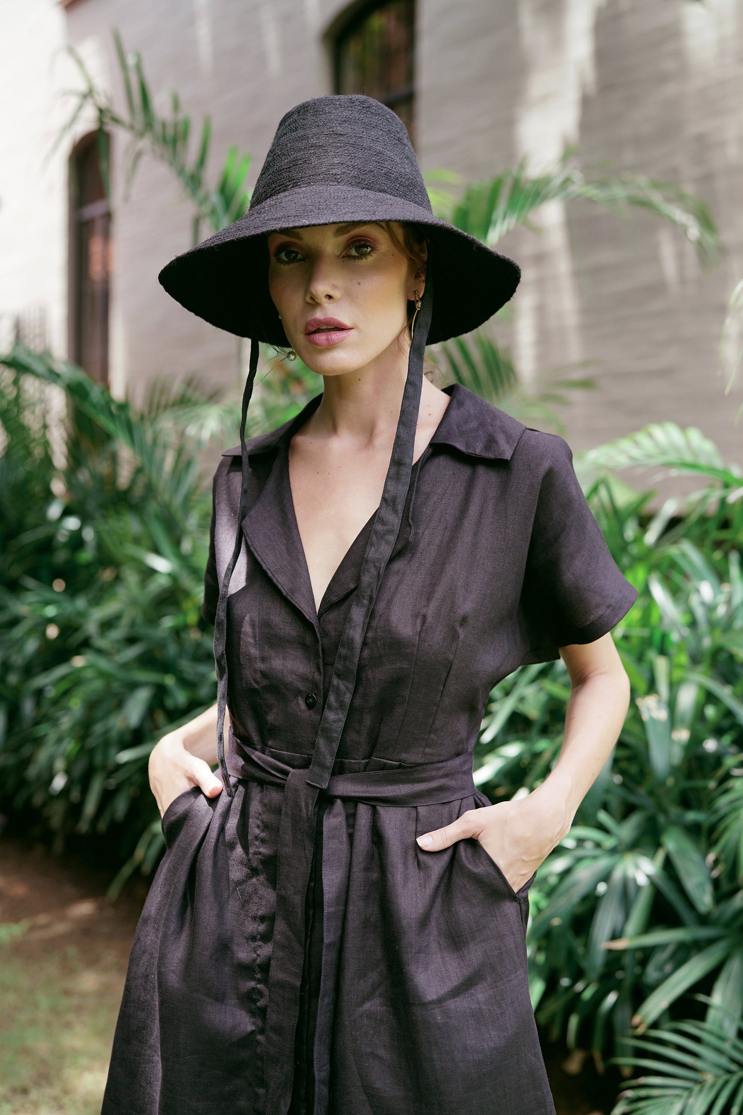 ARYA Black Safari Linen Midi Dress
