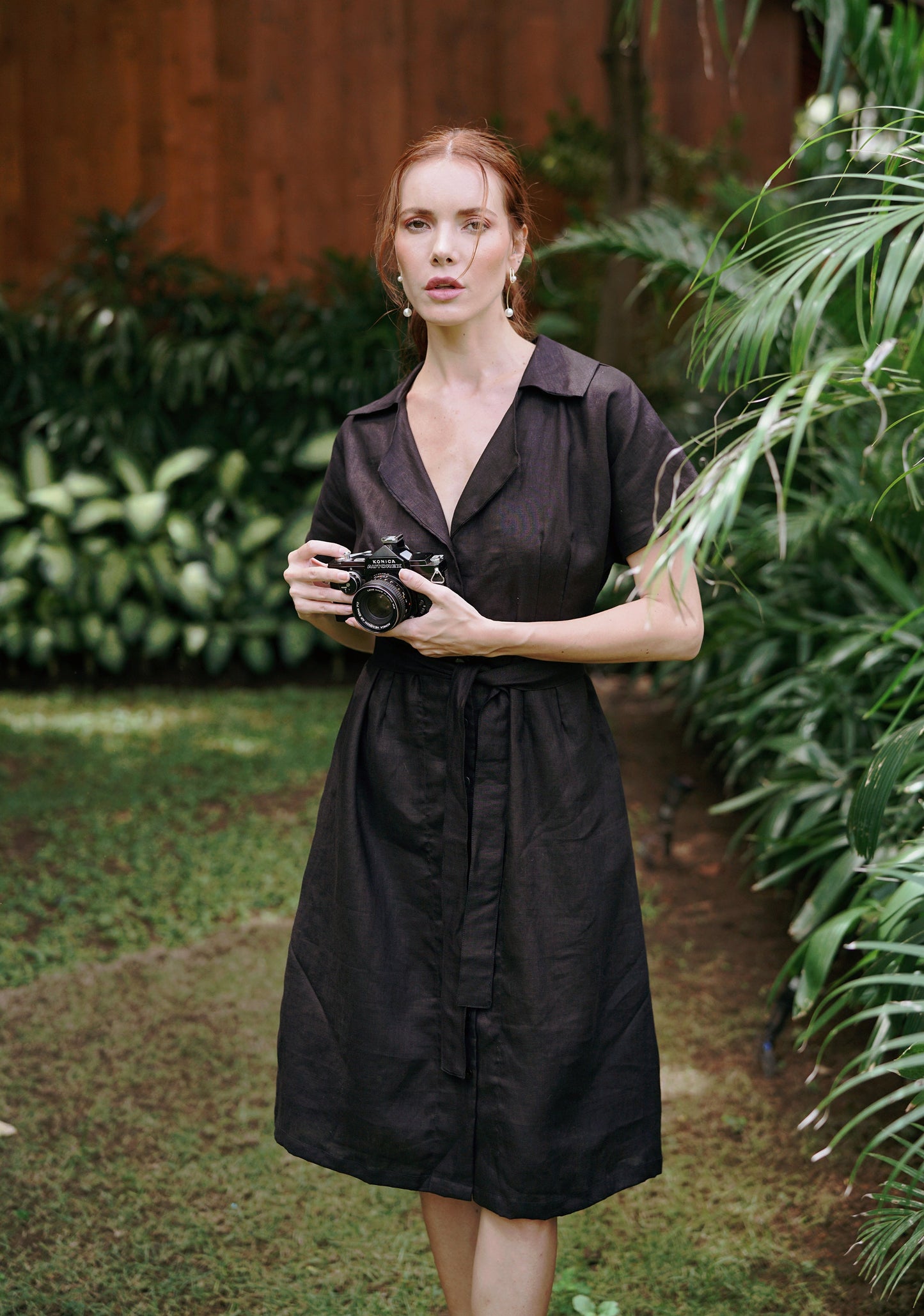 ARYA Black Safari Linen Midi Dress
