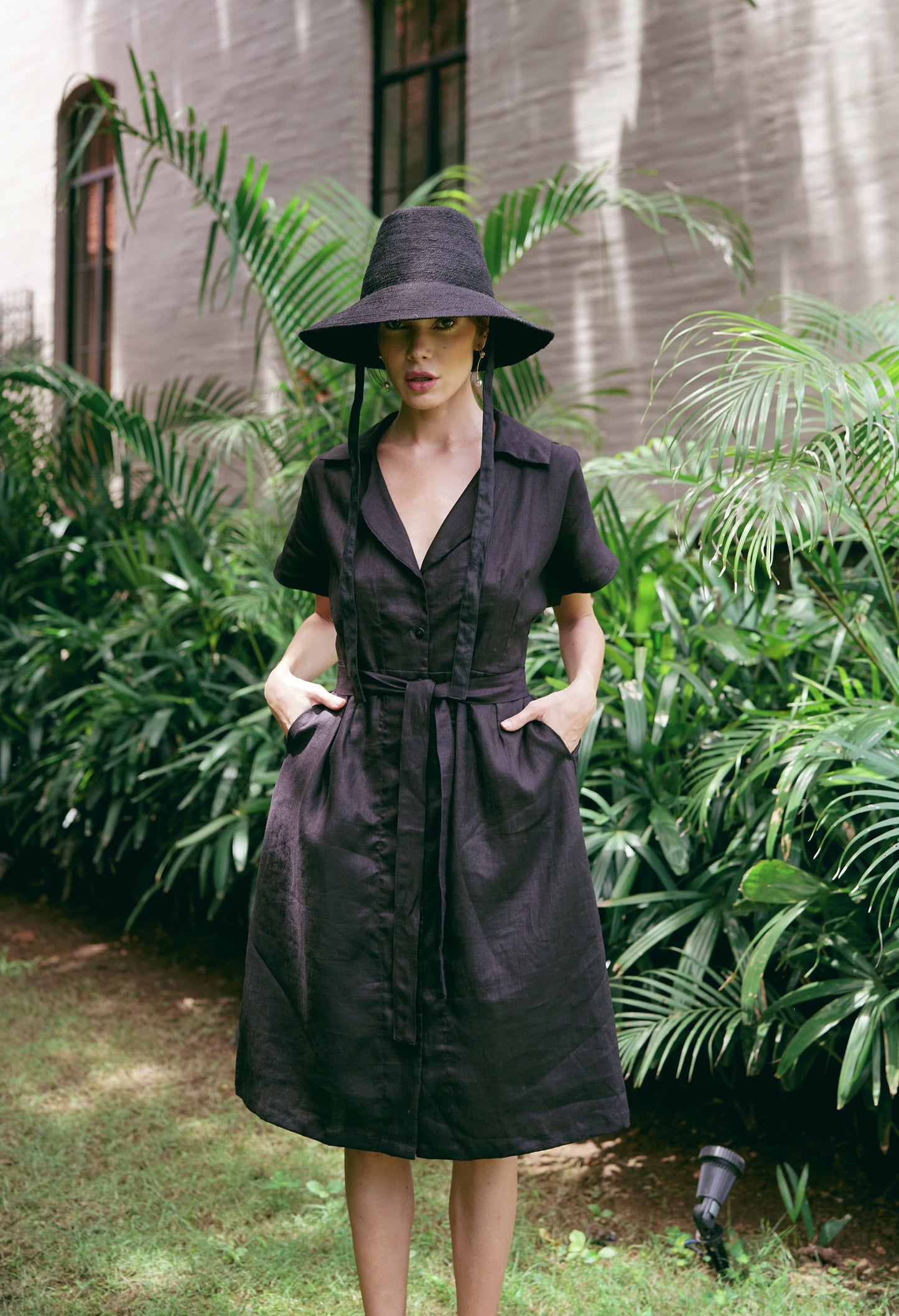 ARYA Black Safari Linen Midi Dress