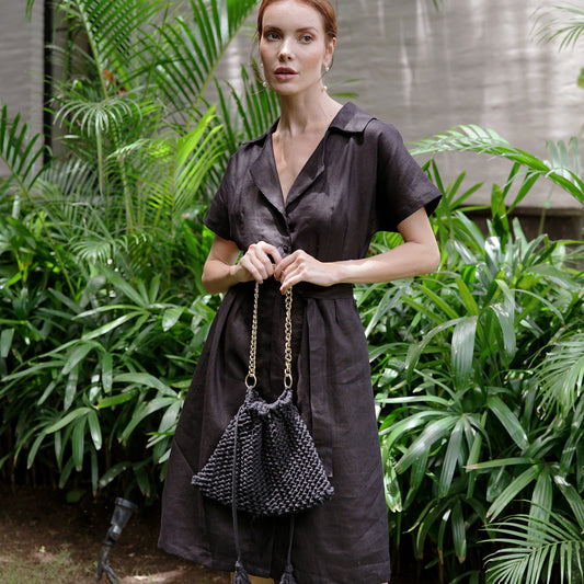 ARYA Black Safari Linen Midi Dress