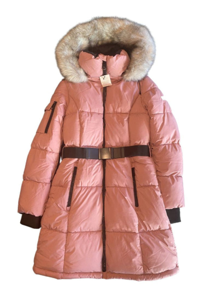 DKNY Belted Faux Fur Trim Hooded Puffer Coat Small