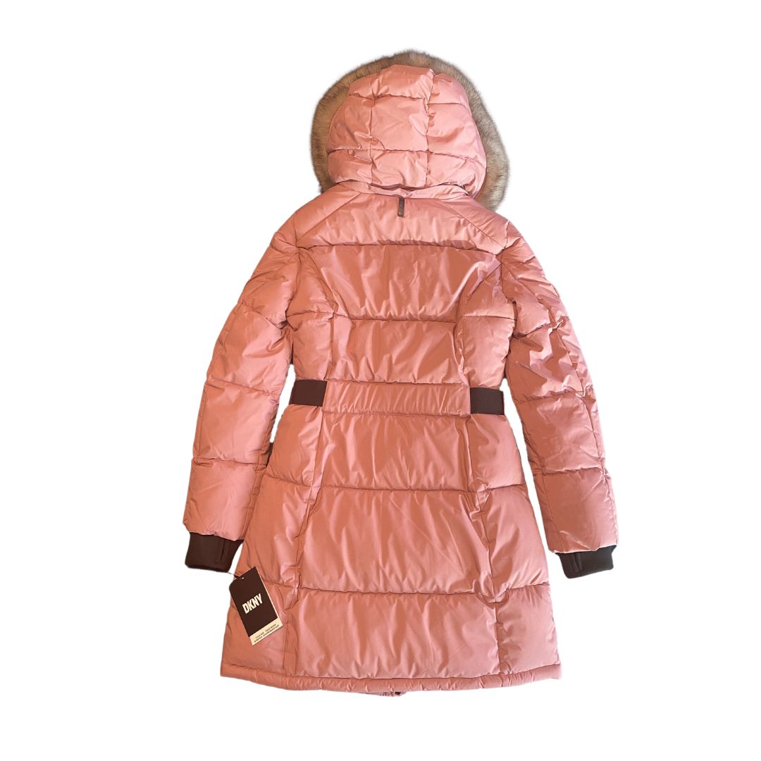 DKNY Belted Faux Fur Trim Hooded Puffer Coat Small