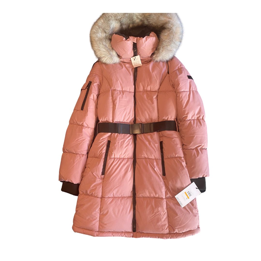 DKNY Belted Faux Fur Trim Hooded Puffer Coat Small